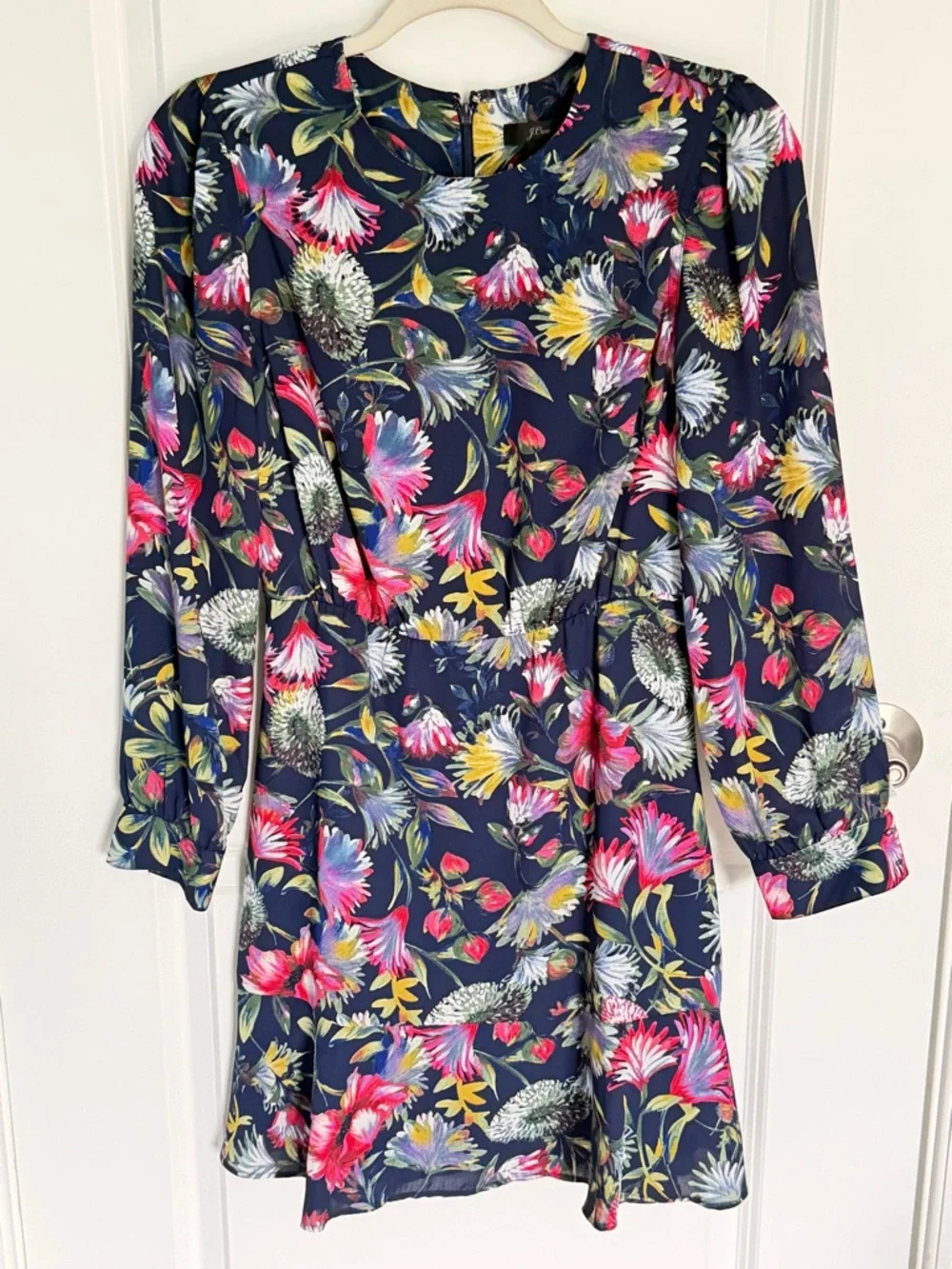 J. Crew Navy Floral Long Sleeve Flouncy Hem Mini Dress Size 0 54937